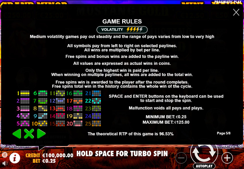 25 линий в слоте Mustang Gold 