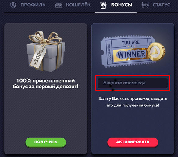Ввод промокода в онлайн-казино Vavada