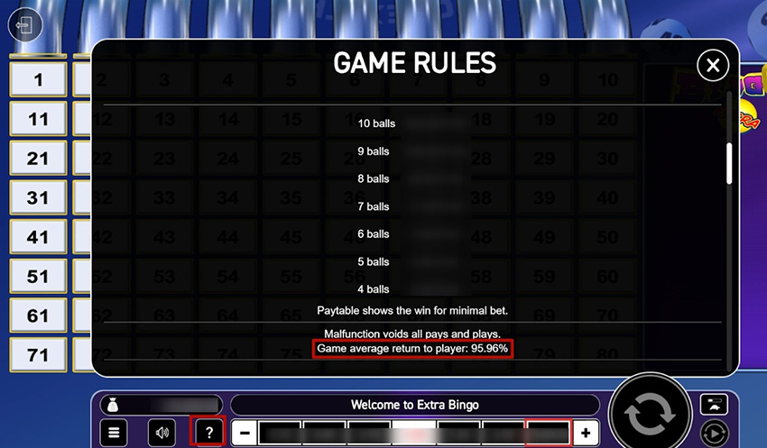 Таблица выплат в Extra Bingo от Wazdan
